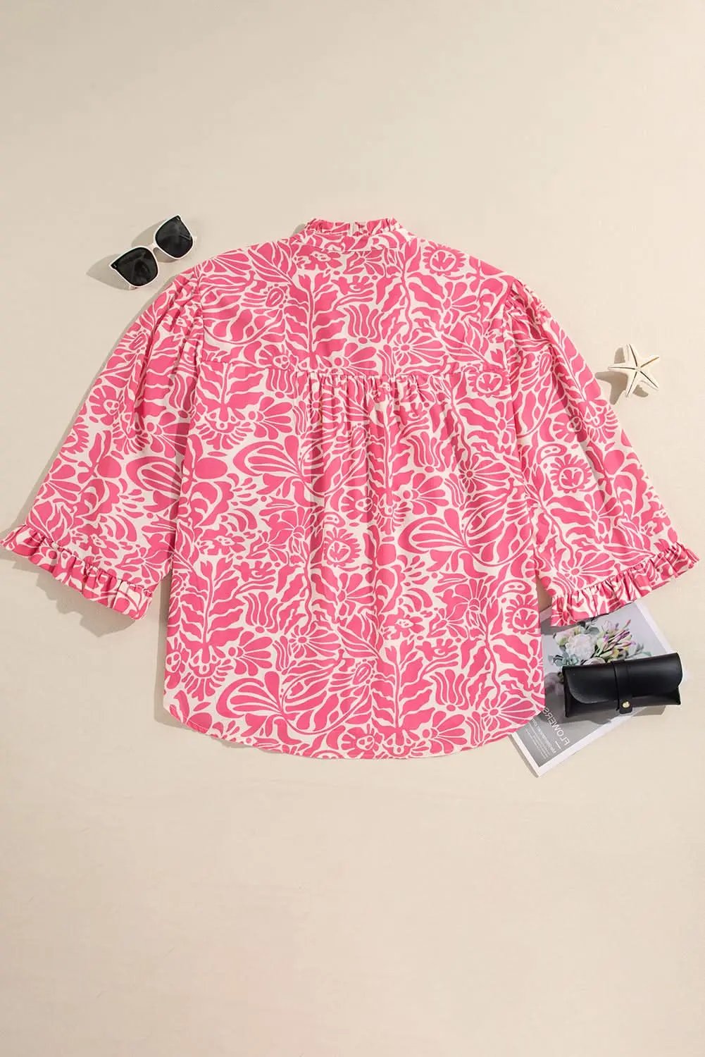 Pink Plus Size Floral Print Frilled Neck Puff Sleeve Top - Love Salve